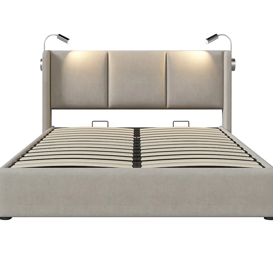 Gutent Lit rembourré 140x200 cm, lit avec rangement, lit double avec sommier à lattes et lampe de lecture, lin, beige, sans matelas