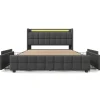 Gutent Lit rembourré 180x200 cm lit de rangement lit 4 tiroirs lit éclairage led lit sommier à lattes en bois lit double lin gris Sale