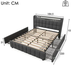 Gutent Lit rembourré 180x200 cm lit de rangement lit 4 tiroirs lit éclairage led lit sommier à lattes en bois lit double lin gris Sale