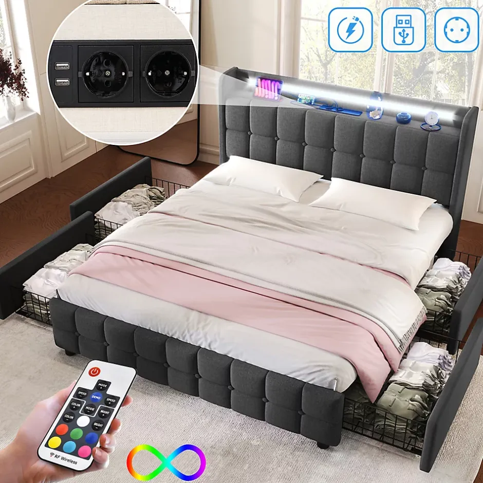 Gutent Lit rembourré 180x200 cm lit de rangement lit 4 tiroirs lit éclairage led lit sommier à lattes en bois lit double lin gris Sale