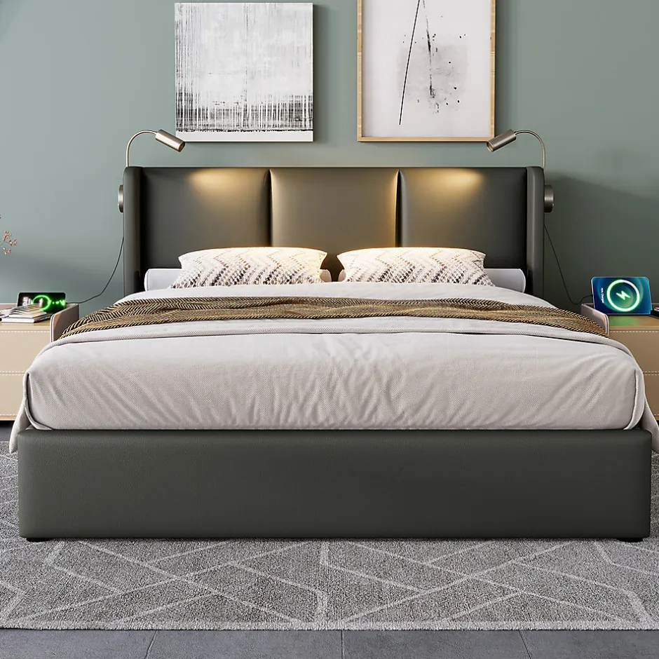 Gutent Lit rembourré 140x200 cm lit de rangement lit lampe de lecture lit tête de lit avec fonction de chargement usb lit double pu gris Best