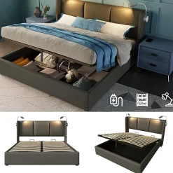 Gutent Lit rembourré 140x200 cm lit de rangement lit lampe de lecture lit tête de lit avec fonction de chargement usb lit double pu gris Best