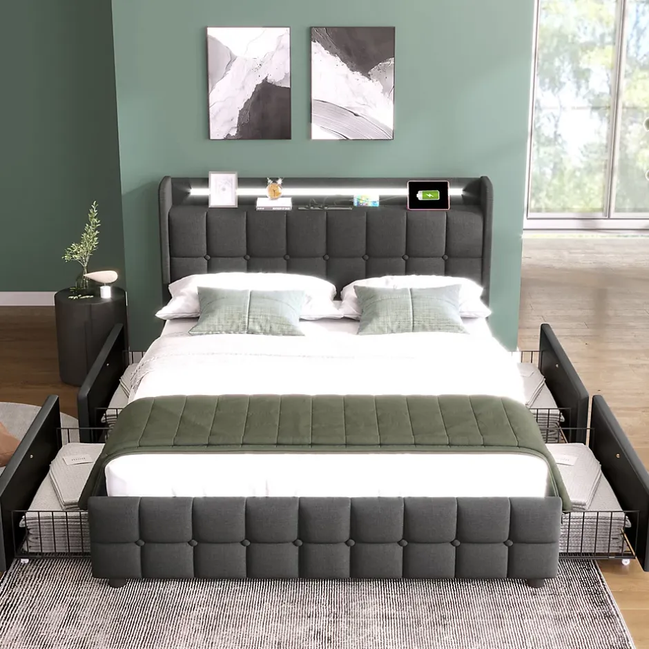 Gutent Lit rembourré 160x200 cm lit de rangement lit 4 tiroirs lit éclairage led lit sommier à lattes en bois lit double lin gris