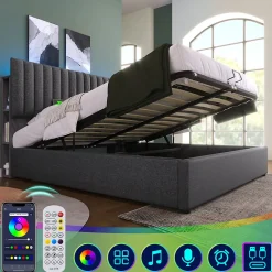 Gutent lit rembourré 160x200 cm lit de rangement avec fonction de recharge usb type c lit sommier à lattes en bois lit double lin gris