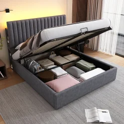 Gutent lit rembourré 160x200 cm lit de rangement avec fonction de recharge usb type c lit sommier à lattes en bois lit double lin gris