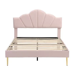 Gutent Lit rembourré 140x190 cm lit double avec sommier à lattes - tête de lit réglable - tissu en velours - rose Clearance