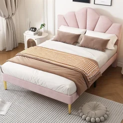 Gutent Lit rembourré 140x190 cm lit double avec sommier à lattes - tête de lit réglable - tissu en velours - rose Clearance