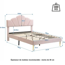 Gutent Lit rembourré 140x190 cm lit double avec sommier à lattes - tête de lit réglable - tissu en velours - rose Clearance
