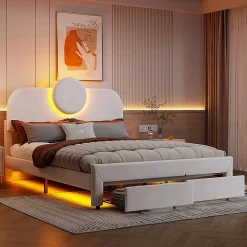 Simple Life Lit Rembourré 140x200 cm, lit double avec éclairage LED et 2 tiroirs, pour adultes et adolescents Discount