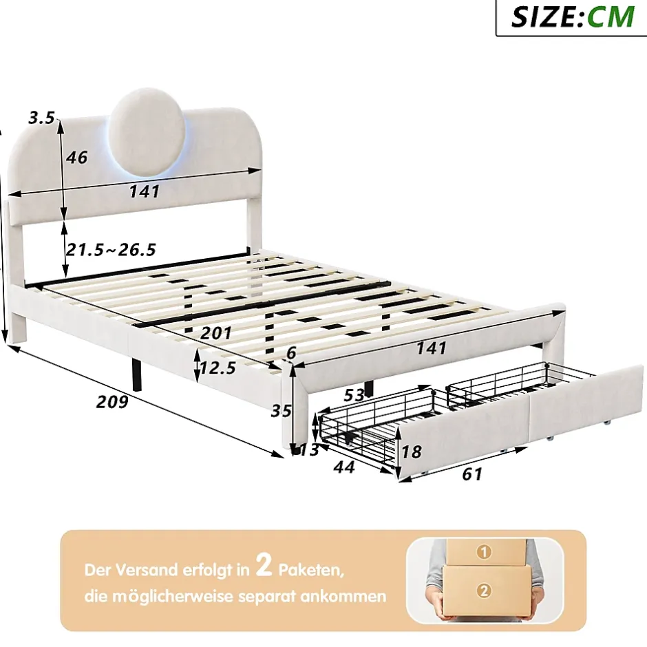 Simple Life Lit Rembourré 140x200 cm, lit double avec éclairage LED et 2 tiroirs, pour adultes et adolescents Discount