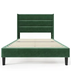 Gutent Lit rembourré 90x200 cm, lit double avec sommier à lattes et tête de lit, lit d'enfant, velours, vert foncé Discount