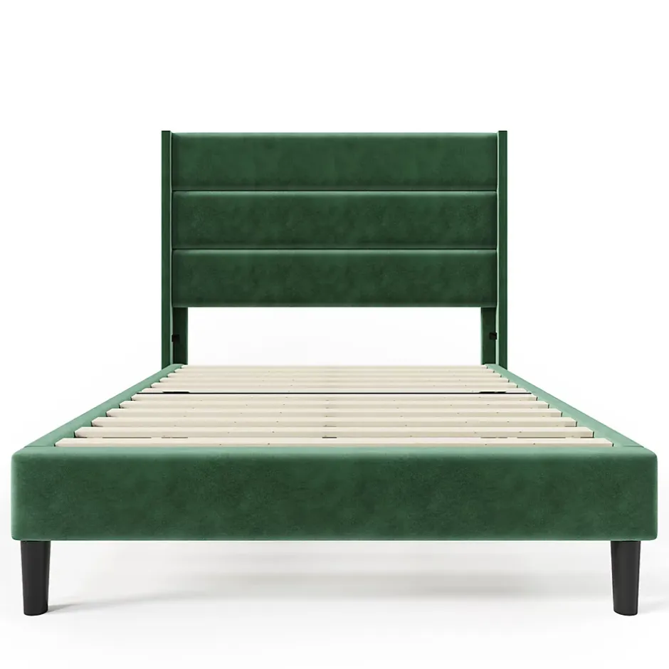 Gutent Lit rembourré 90x200 cm, lit double avec sommier à lattes et tête de lit, lit d'enfant, velours, vert foncé Discount