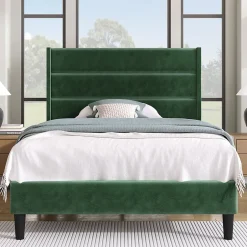 Gutent Lit rembourré 90x200 cm, lit double avec sommier à lattes et tête de lit, lit d'enfant, velours, vert foncé Discount