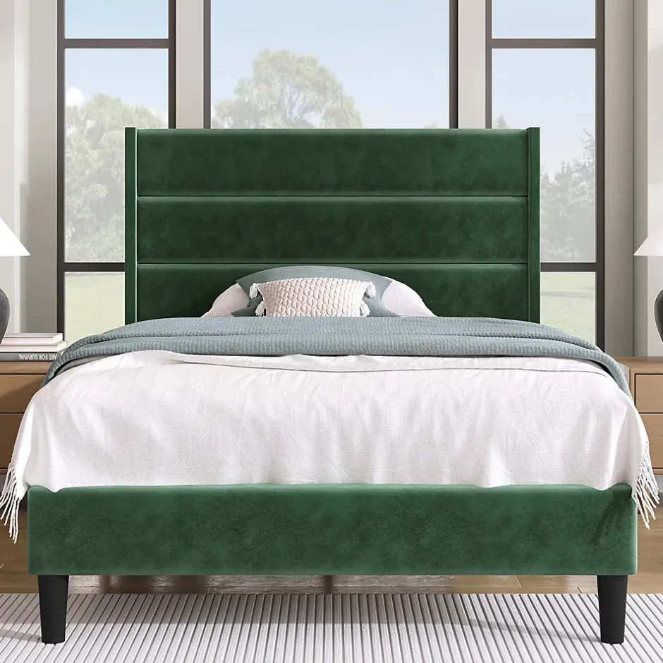 Gutent Lit rembourré 90x200 cm, lit double avec sommier à lattes et tête de lit, lit d'enfant, velours, vert foncé Discount