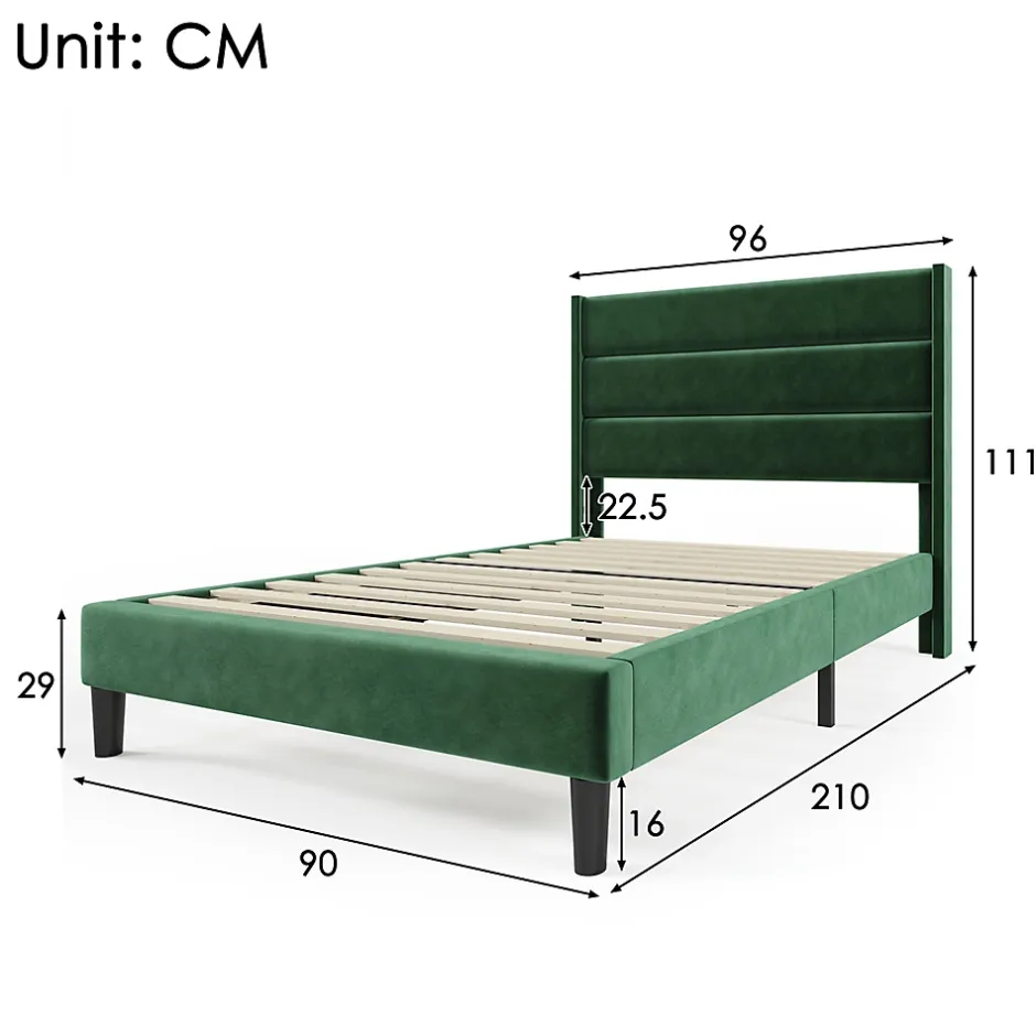 Gutent Lit rembourré 90x200 cm, lit double avec sommier à lattes et tête de lit, lit d'enfant, velours, vert foncé Discount