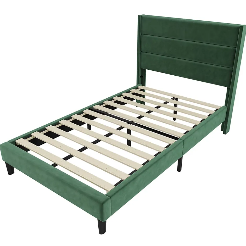 Gutent Lit rembourré 90x200 cm, lit double avec sommier à lattes et tête de lit, lit d'enfant, velours, vert foncé Discount