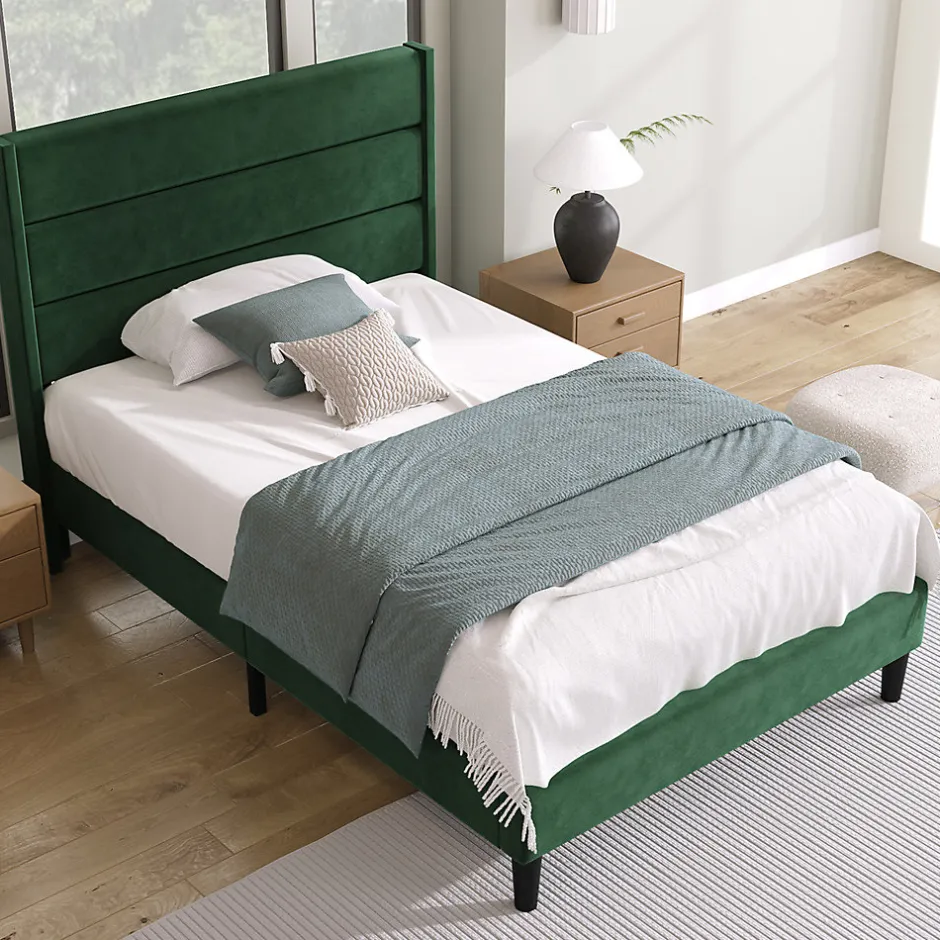 Gutent Lit rembourré 90x200 cm, lit double avec sommier à lattes et tête de lit, lit d'enfant, velours, vert foncé Discount