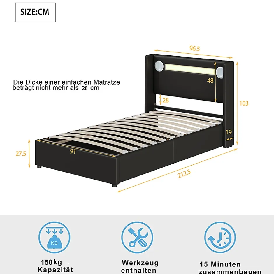 Gutent Lit rembourré 90x200 cm lit sommier à lattes lit barre lumineuse à led lecteur bluetooth et recharge usb Single cuir pu noir Discount