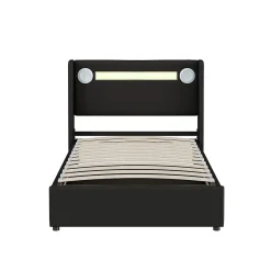 Gutent Lit rembourré 90x200 cm lit sommier à lattes lit barre lumineuse à led lecteur bluetooth et recharge usb Single cuir pu noir Discount