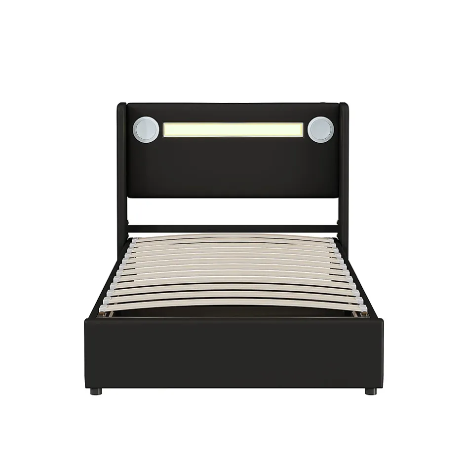 Gutent Lit rembourré 90x200 cm lit sommier à lattes lit barre lumineuse à led lecteur bluetooth et recharge usb Single cuir pu noir Discount
