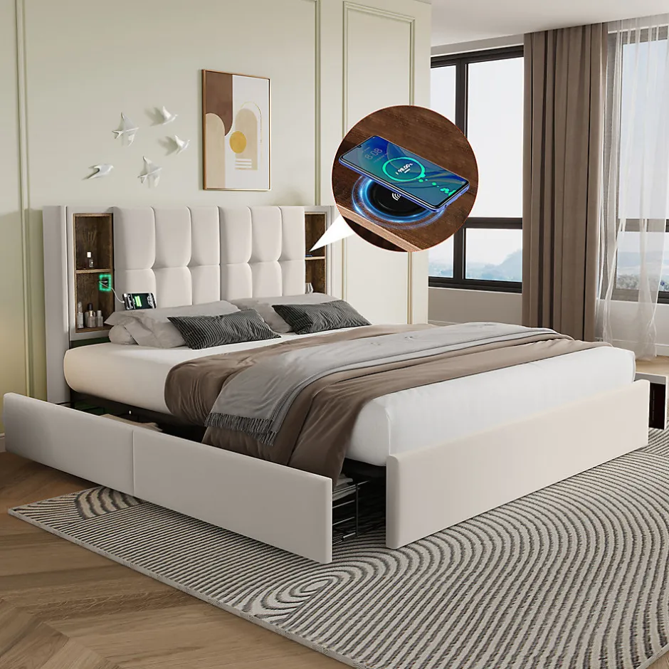 Gutent Lit rembourré 160x200 cm lit sommier à lattes en bois lit chargement sans fil usb c lit 4 tiroirs lit double velours beige