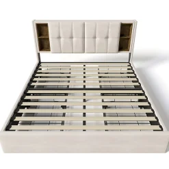 Gutent Lit rembourré 160x200 cm lit sommier à lattes en bois lit chargement sans fil usb c lit 4 tiroirs lit double velours beige