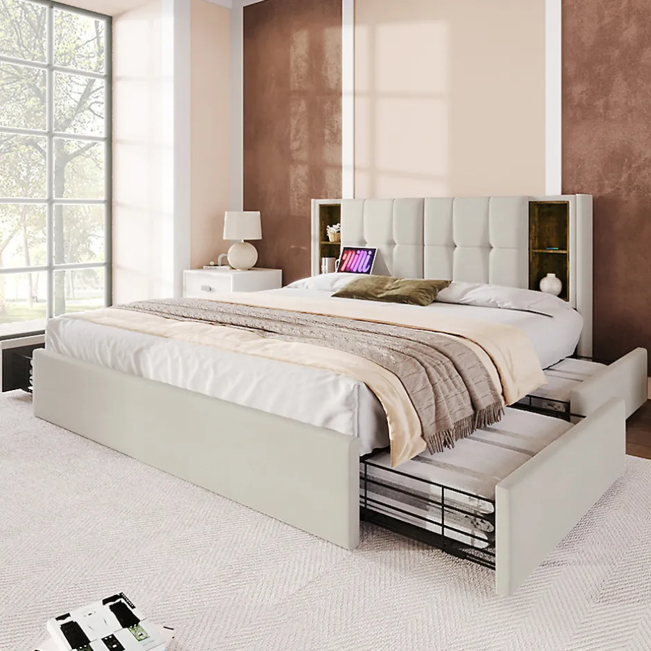 Gutent Lit rembourré 160x200 cm lit sommier à lattes en bois lit chargement sans fil usb c lit 4 tiroirs lit double velours beige