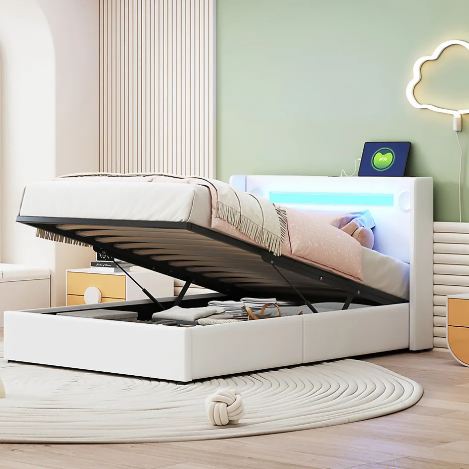 Gutent Lit rembourré 90x200 cm lit sommier à lattes lit barre lumineuse à led lecteur bluetooth et recharge usb Single cuir pu blanc