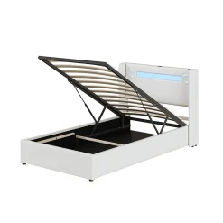 Gutent Lit rembourré 90x200 cm lit sommier à lattes lit barre lumineuse à led lecteur bluetooth et recharge usb Single cuir pu blanc
