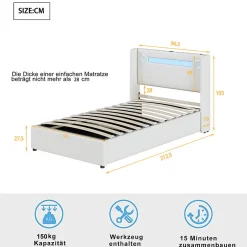 Gutent Lit rembourré 90x200 cm lit sommier à lattes lit barre lumineuse à led lecteur bluetooth et recharge usb Single cuir pu blanc