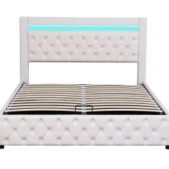 Blackcolors Lit Rembourré 140X200 Cm Sommier Rangement LED Blanc PU Discount