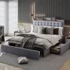 Gutent Lit rembourré 140x200 cm, table de nuit avec port de chargement USB et étagère, lit double plat avec 4 tiroirs, gris New