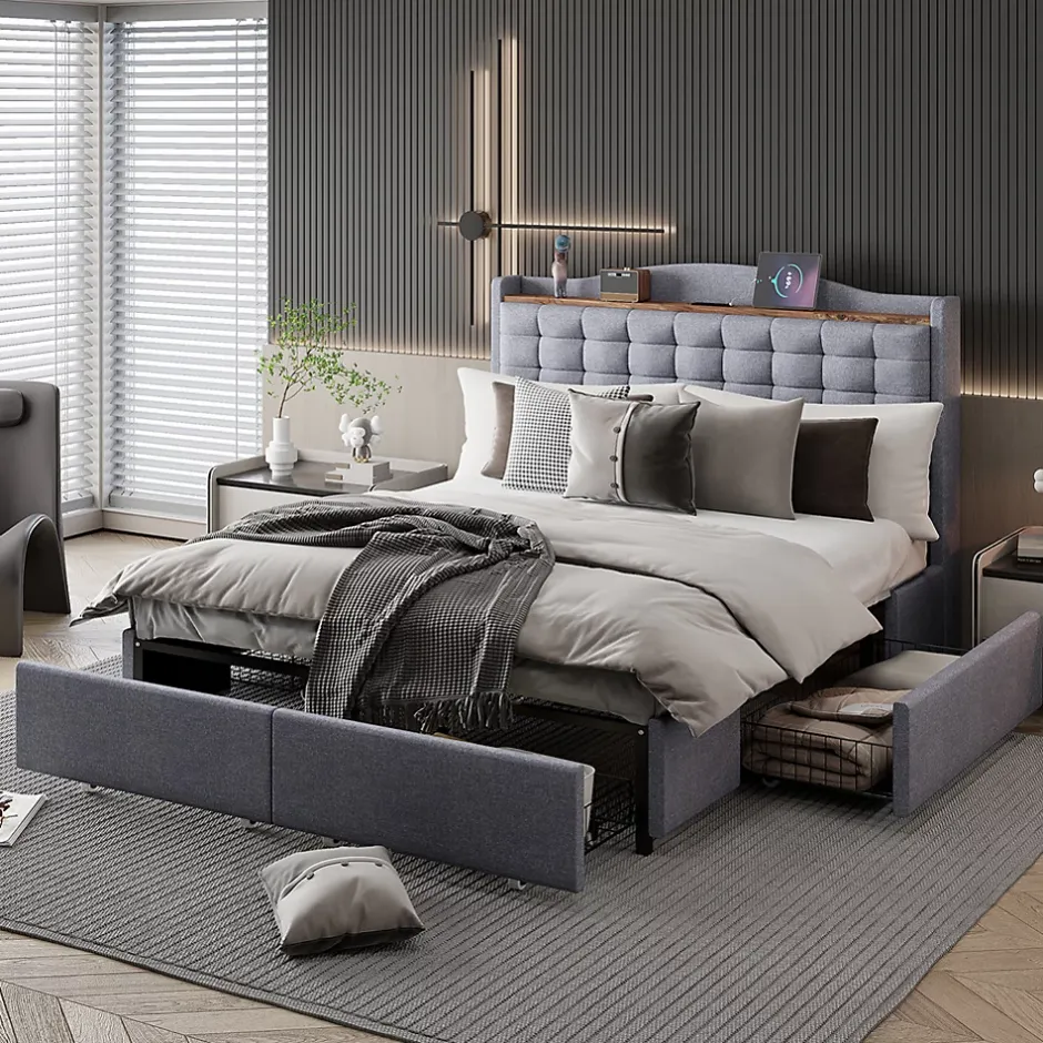 Gutent Lit rembourré 140x200 cm, table de nuit avec port de chargement USB et étagère, lit double plat avec 4 tiroirs, gris New