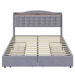 Gutent Lit rembourré 140x200 cm, table de nuit avec port de chargement USB et étagère, lit double plat avec 4 tiroirs, gris New