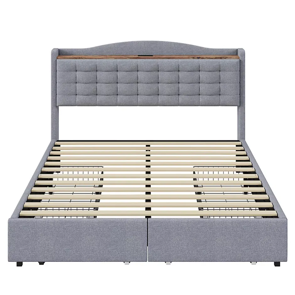 Gutent Lit rembourré 140x200 cm, table de nuit avec port de chargement USB et étagère, lit double plat avec 4 tiroirs, gris New