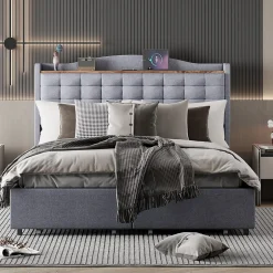 Gutent Lit rembourré 140x200 cm, table de nuit avec port de chargement USB et étagère, lit double plat avec 4 tiroirs, gris New