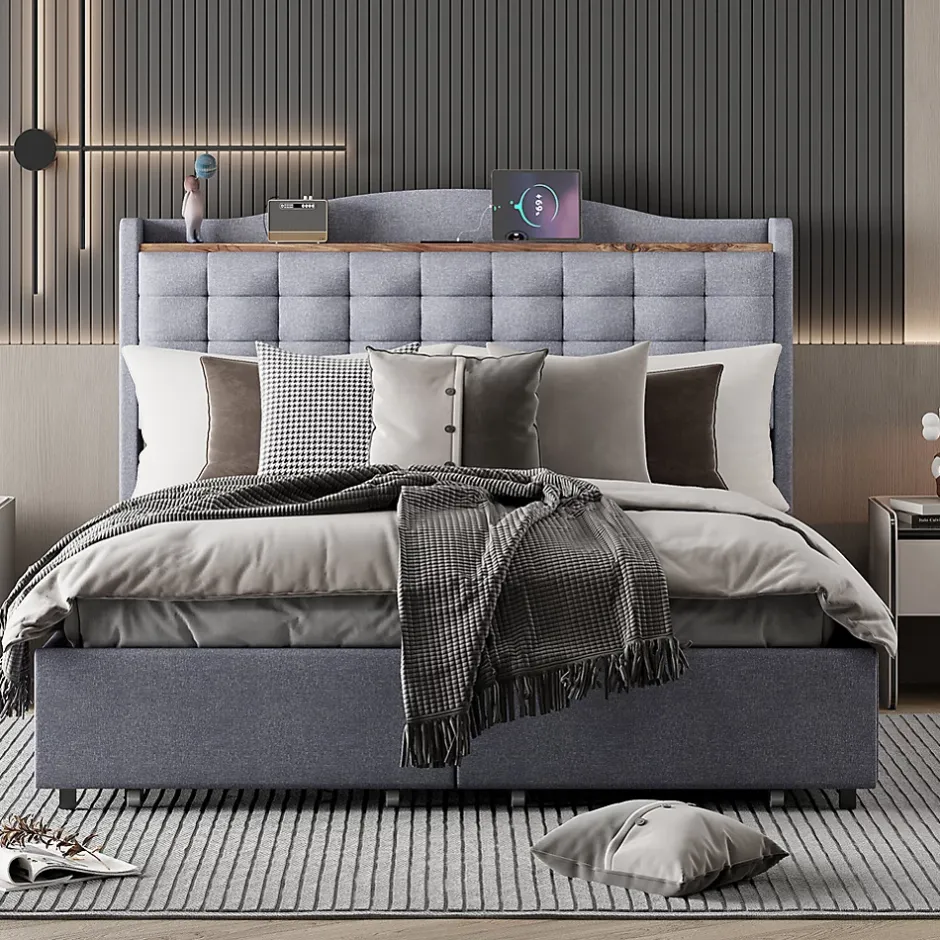 Gutent Lit rembourré 140x200 cm, table de nuit avec port de chargement USB et étagère, lit double plat avec 4 tiroirs, gris New