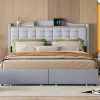 Gutent Lit rembourré 160x200 cm, table de nuit avec port de chargement USB et étagère, lit double plat avec 4 tiroirs, gris