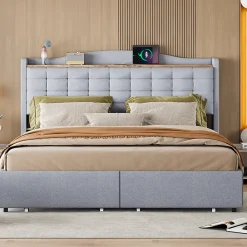 Gutent Lit rembourré 160x200 cm, table de nuit avec port de chargement USB et étagère, lit double plat avec 4 tiroirs, gris