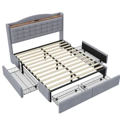 Gutent Lit rembourré 160x200 cm, table de nuit avec port de chargement USB et étagère, lit double plat avec 4 tiroirs, gris