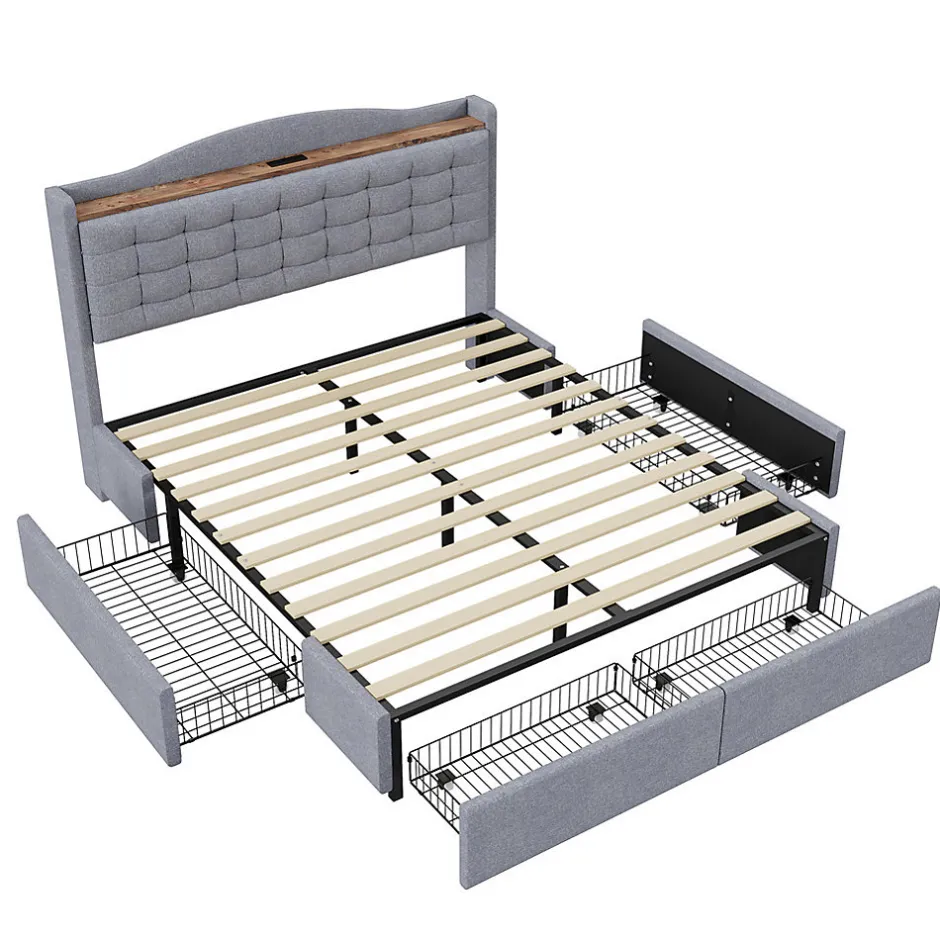 Gutent Lit rembourré 160x200 cm, table de nuit avec port de chargement USB et étagère, lit double plat avec 4 tiroirs, gris