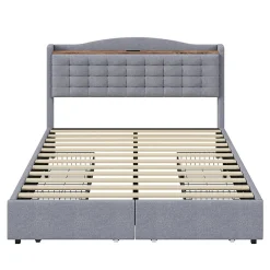Gutent Lit rembourré 160x200 cm, table de nuit avec port de chargement USB et étagère, lit double plat avec 4 tiroirs, gris