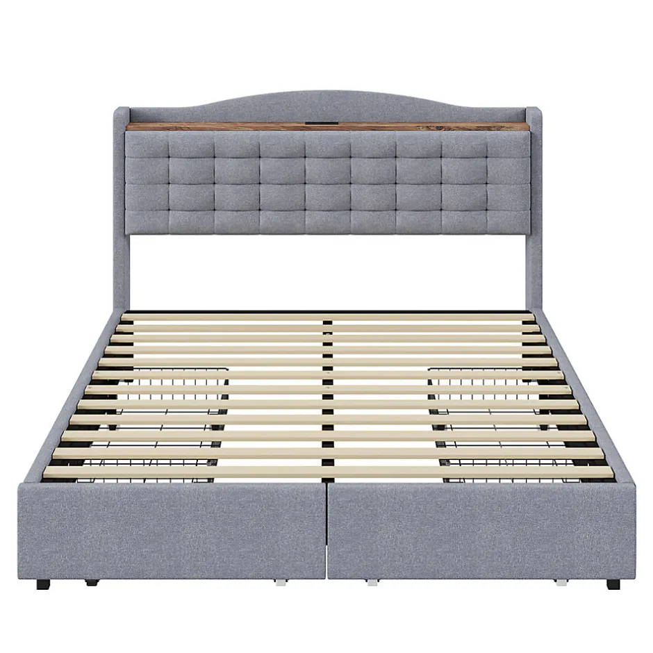 Gutent Lit rembourré 160x200 cm, table de nuit avec port de chargement USB et étagère, lit double plat avec 4 tiroirs, gris
