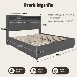 Blackcolors Lit rembourré 160x200 cm, tête LED, rangement, sommiers gaz, USB, poches latérales