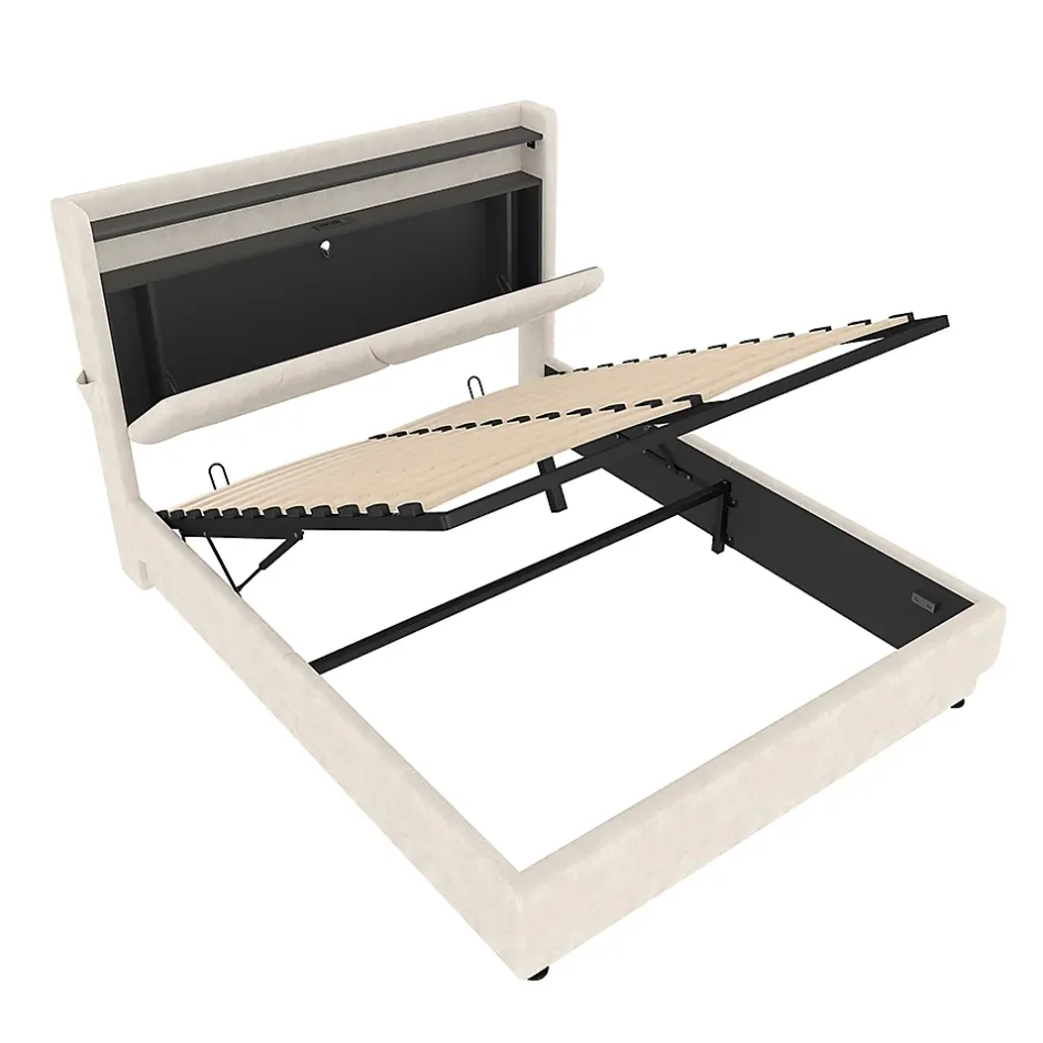 Blackcolors Lit rembourré 160x200 cm, tête LED, surfaces rangement, sommiers gaz, USB, poches Clearance