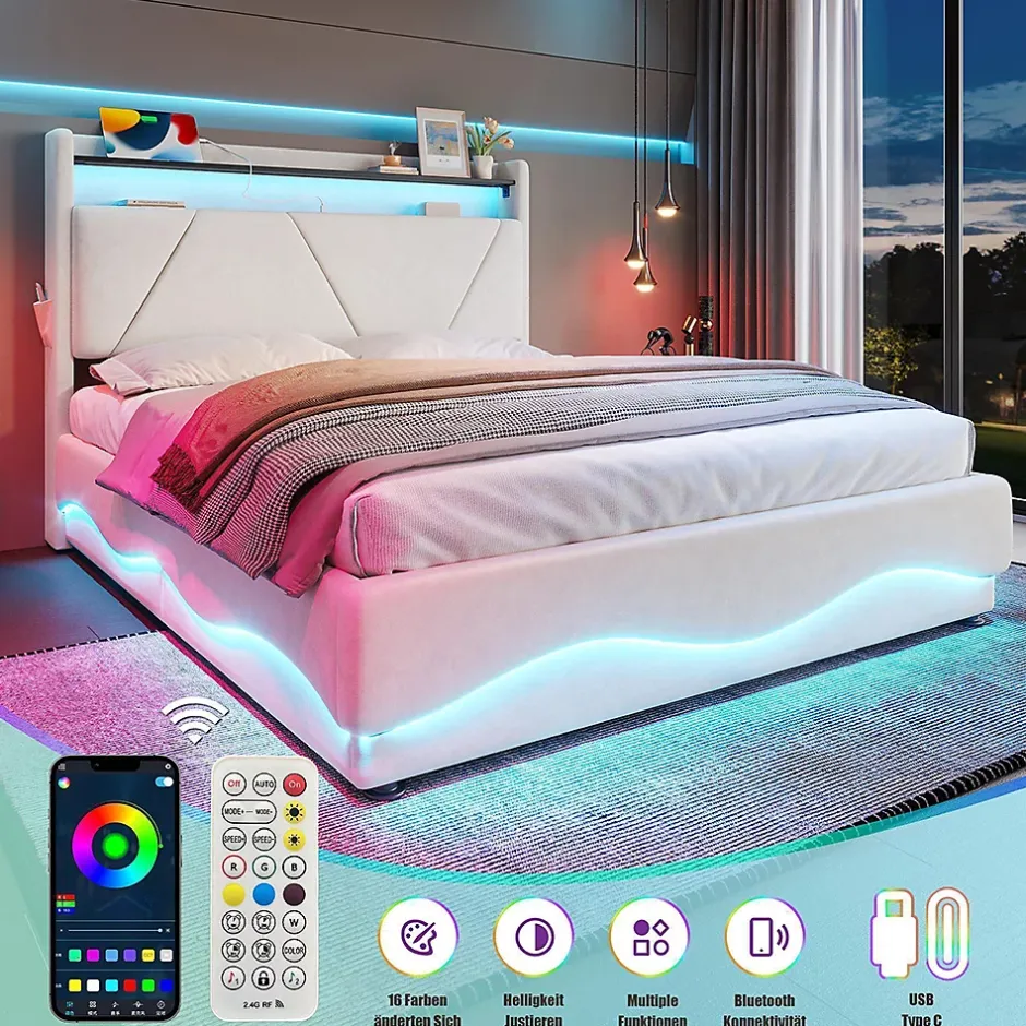 Blackcolors Lit rembourré 160x200 cm, tête LED, surfaces rangement, sommiers gaz, USB, poches Clearance