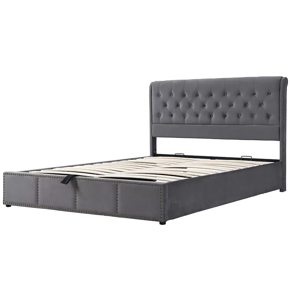 Generique Lit rembourré 160x200 cm,Cadre de lit avec Rangement,Lit Double ornementation de Rivets,Gris Outlet