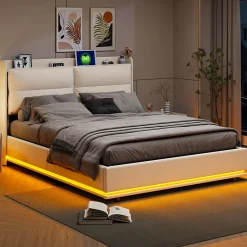 Simple Life Lit rembourré 140x200cm avec chargement sans fil (USB & Type-c), lit double avec LED, velours, beige