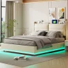 Simple Life Lit rembourré 160x200cm avec chargement sans fil (USB & Type-c), lit double avec LED, velours, beige