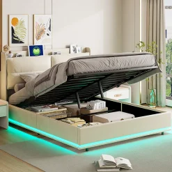 Simple Life Lit rembourré 160x200cm avec chargement sans fil (USB & Type-c), lit double avec LED, velours, beige